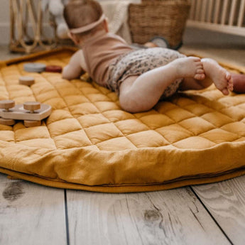 Organic Soft Baby Play Mat and Storage Bag – Mustard Chai Tea - My Little Thieves