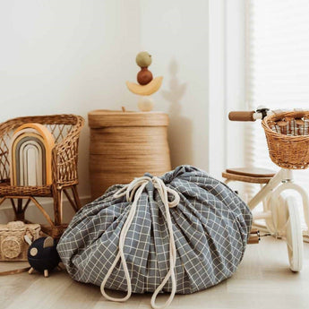 Organic Toy Storage Bag – Grid Blue - My Little Thieves