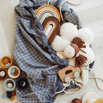 Organic Toy Storage Bag – Grid Blue - My Little Thieves