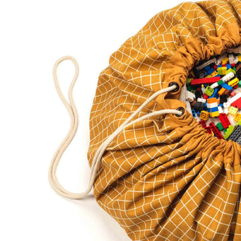 Organic Toy Storage Bag – Grid Mustard - My Little Thieves