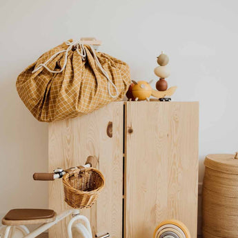 Organic Toy Storage Bag – Grid Mustard - My Little Thieves
