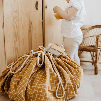 Organic Toy Storage Bag – Grid Mustard - My Little Thieves
