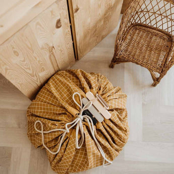 Organic Toy Storage Bag – Grid Mustard - My Little Thieves
