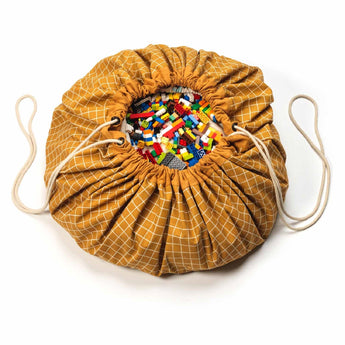 Organic Toy Storage Bag – Grid Mustard - My Little Thieves