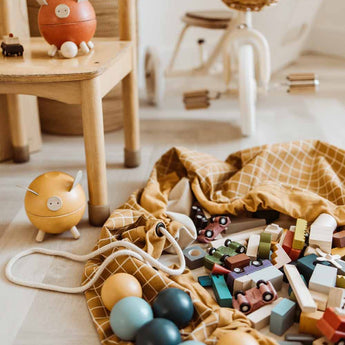 Organic Toy Storage Bag – Grid Mustard - My Little Thieves