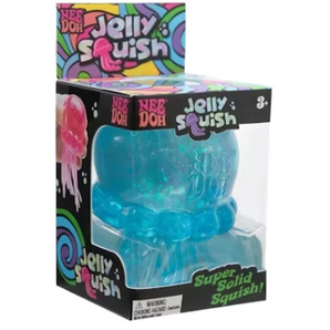 NEE DOH JellySquish blue glitter jellyfish fidget toy in clear plastic packaging with colorful box.