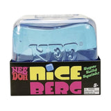 NEE DOH Nice Berg blue squishy fidget toy in clear plastic packaging with colorful "Super Solid Squish!" label.
