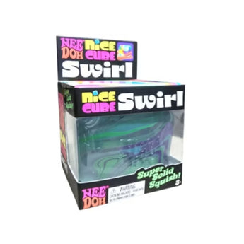 NEE DOH Nice Cube Swirl Super Squeeze! Green/Purple/Blue fidget toy in clear display box.