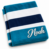Personalized blue and teal striped velour beach towel