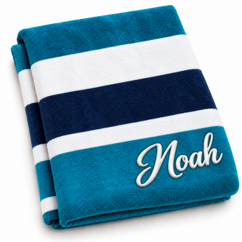 Personalized blue and teal striped velour beach towel