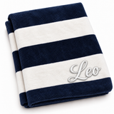 Personalized navy and cream striped velour beach towel