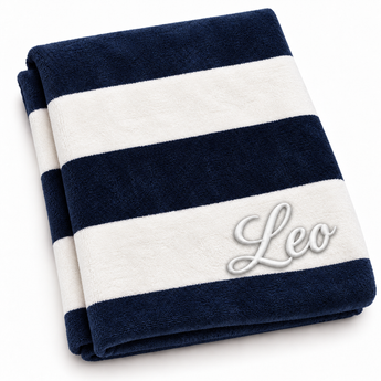 Personalized navy and cream striped velour beach towel