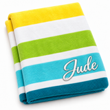 Personalized yellow green and teal striped velour beach towel