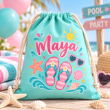 Personalized cotton drawstring swim bag party favor with Maya name and flip-flop design