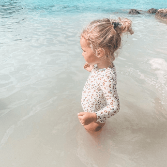 Swim Essentials Khaki Leopard Girls Long Sleeve Swimsuit | Kids Swimwear - My Little Thieves