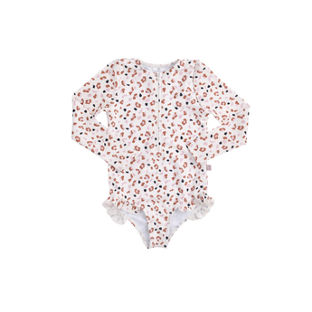Swim Essentials Khaki Leopard Girls Long Sleeve Swimsuit | Kids Swimwear - My Little Thieves