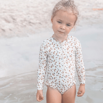 Swim Essentials Khaki Leopard Girls Long Sleeve Swimsuit | Kids Swimwear - My Little Thieves