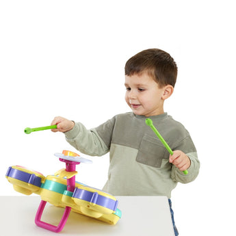 Child playing with VTech Bluey Hooray Drum Set (80-573400)
