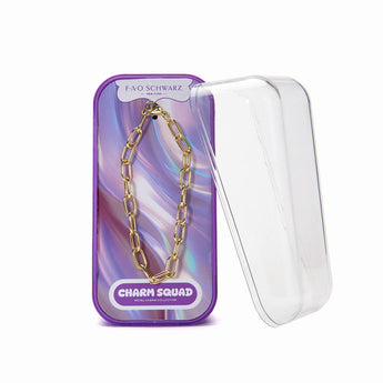Gold chain necklace on a 'Charm Squad' branded card with a purple and white design.