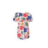 Colorful floral dress with puff sleeves on a white background