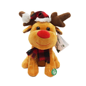 Plush reindeer toy with a Santa hat and red nose on a white background