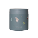 Blue container with astronaut design and 'Ahmed' branding on a white background