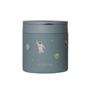 Blue container with astronaut design and 'Ahmed' branding on a white background