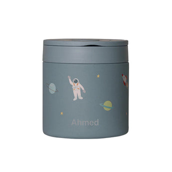 Blue container with astronaut design and 'Ahmed' branding on a white background