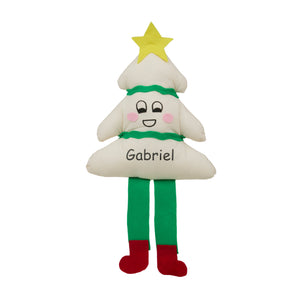 Plush toy shaped like a Christmas tree with a star on top, green pants, red shoes, and a name tag on a white background.