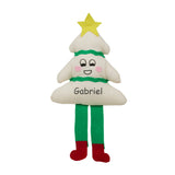 Plush toy shaped like a Christmas tree with a star on top, green pants, red shoes, and a name tag on a white background.
