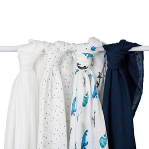 4 - Pack Bamboo Muslin Swaddle Blankets - Whales & Stars - My Little Thieves