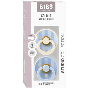 BIBS Round Pacifier Studio Colour 2 Pack Block Latex Size 1 Baby Blue Dusty Blue Mix