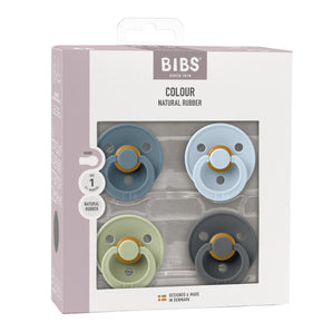 BIBS Round Pacifier Colour 4 Pack Latex Size 1 Petrol Sage Baby Blue Iron