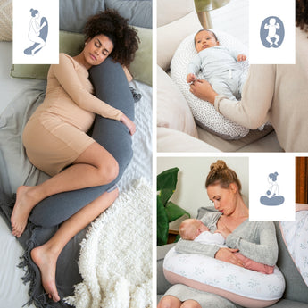 Collage of a woman using a U-shaped body pillow in various settings.