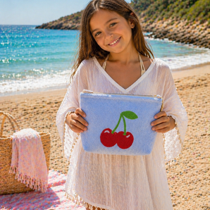 Kids Beach Towel Pouch - Baby Blue with Cherry