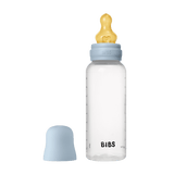 BIBS 270ml clear baby bottle with light blue cap, collar, and natural latex nipple with heart detail.