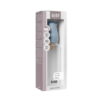 BIBS Baby Bottle, 270ml, ivory with round latex nipple, in its white and grey packaging.