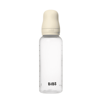 BIBS Baby Bottle, 270ml, clear with ivory round latex nipple and cap, medium flow.