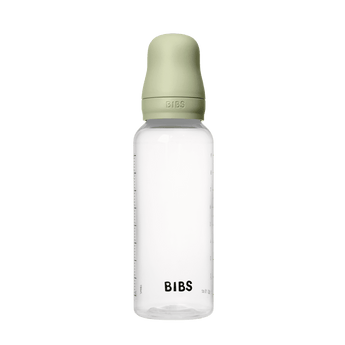 BIBS 270ml natural baby bottle with a clear body, ivory cap, and round latex nipple.