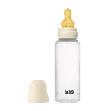BIBS 270ml ivory baby bottle with round natural latex nipple and matching cap.