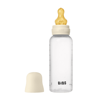 BIBS 270ml ivory baby bottle with round natural latex nipple and matching cap.