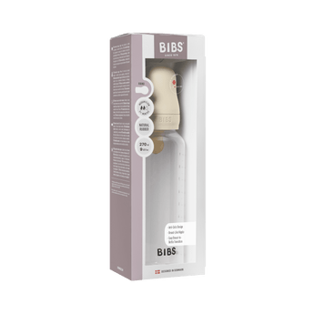 BIBS Baby Bottle 270ml, ivory with round latex nipple, in its white and beige packaging.