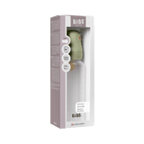 BIBS Baby Bottle, 270ml, with round natural latex nipple and olive green cap, in its white and green packaging.