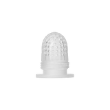Clear silicone baby feeder nipple with textured surface and small holes.