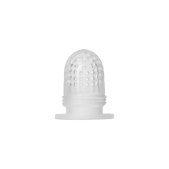 Clear silicone BIBS baby feeder nipple with textured surface and small holes.