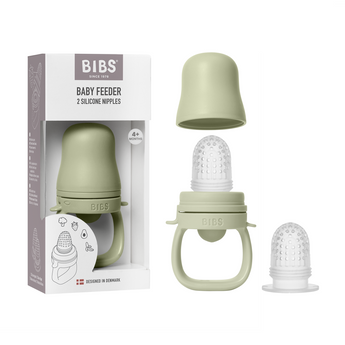 Sage BIBS Baby Feeder with soft silicone nipple, shown in box and disassembled with two nipple sizes.