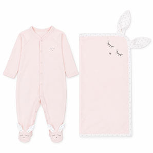 LIVLY Bunny Set – Baby Girl Soft Baby Blanket +  Bunny Simplicity  Cotton Sleepsuit Footie– Pink