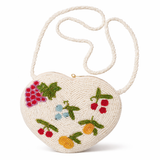 Heart-shaped beaded handbag with embroidered fruits and leaves on a white background