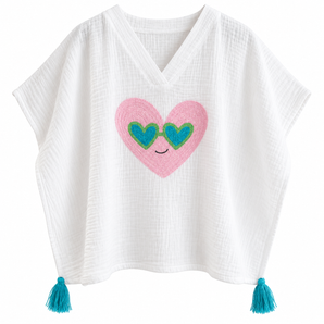 Minimill Girls White Heart Embroidered Beach Kaftan