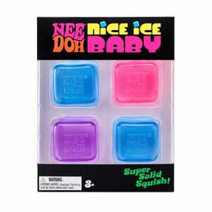 NEE DOH Nice Ice Baby squishy fidget toy set of 4 in blue, purple, and pink, packaged.